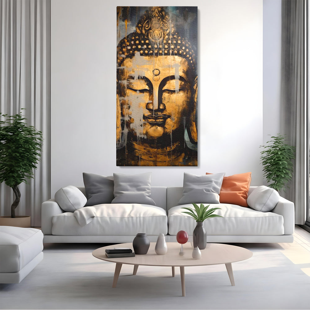 Tablou canvas cu tablou canvas cu chipul lui buddha, fara rama, pe sasiu de lemn, pe perete intr-un living